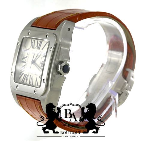 Iconic Cartier Santos 100 Watch Orange Strap Box Certificate